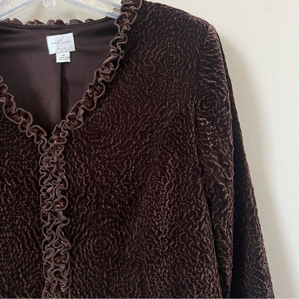 Emma James VTG-Inspired Textured Espresso Ruffle Open Front Blazer Jacket SZ 14 - Picture 6 of 15